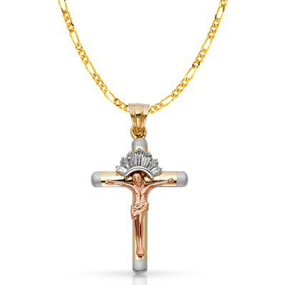 14K Gold CZ Crucifix Pendant with 3.1mm Figaro 3+1 Chain