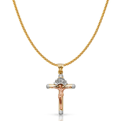 14K Gold CZ Crucifix Charm Pendant with 1.1mm Wheat Chain Necklace