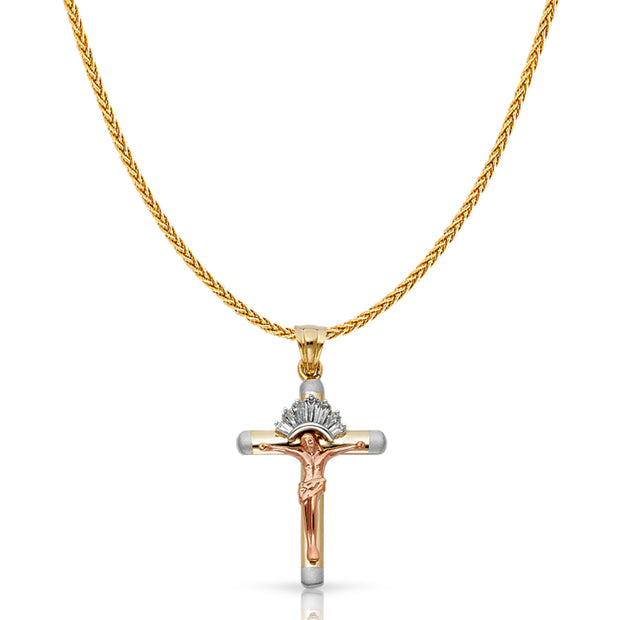 14K Gold CZ Crucifix Charm Pendant with 1.1mm Wheat Chain Necklace