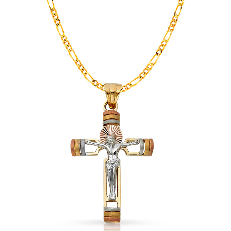 14K Gold Crucifix Pendant with 3.1mm Figaro 3+1 Chain