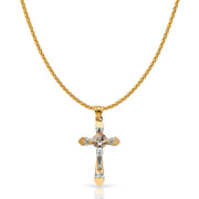 14K Gold CZ Crucifix Charm Pendant with 1.1mm Wheat Chain Necklace