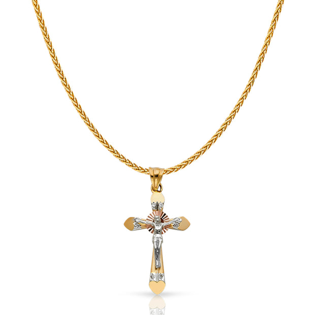 14K Gold CZ Crucifix Charm Pendant with 1.1mm Wheat Chain Necklace