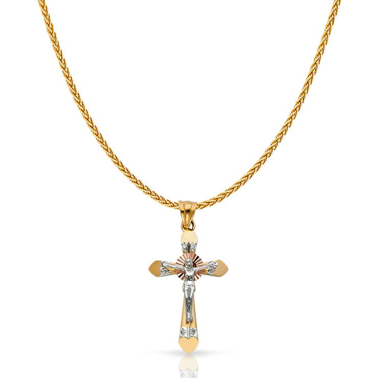 14K Gold CZ Crucifix Charm Pendant with 1.1mm Wheat Chain Necklace