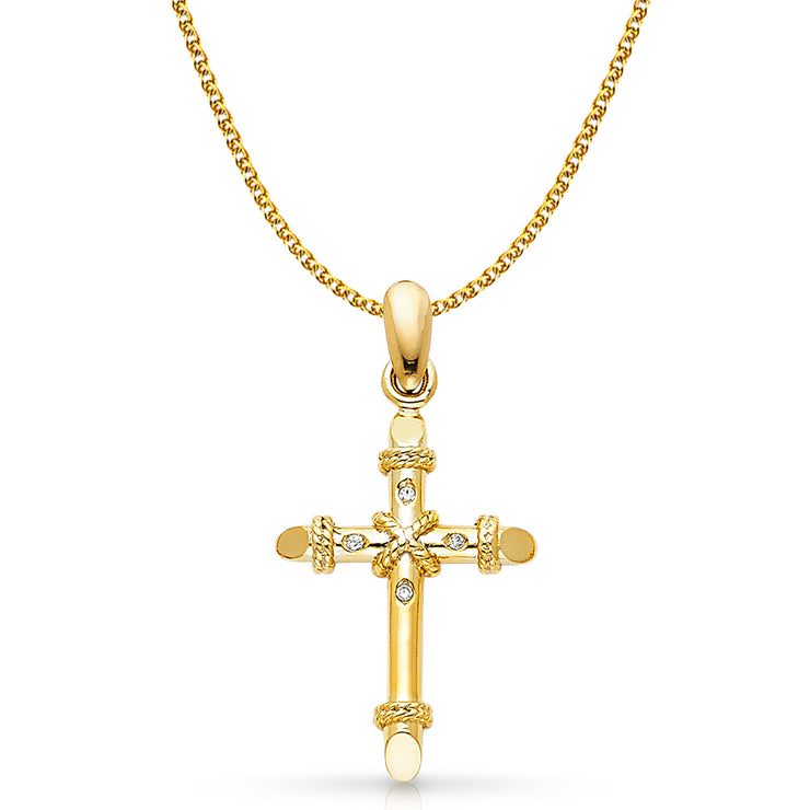 14K Gold Cross Charm Pendant with 1.5mm Flat Open Wheat Chain Necklace