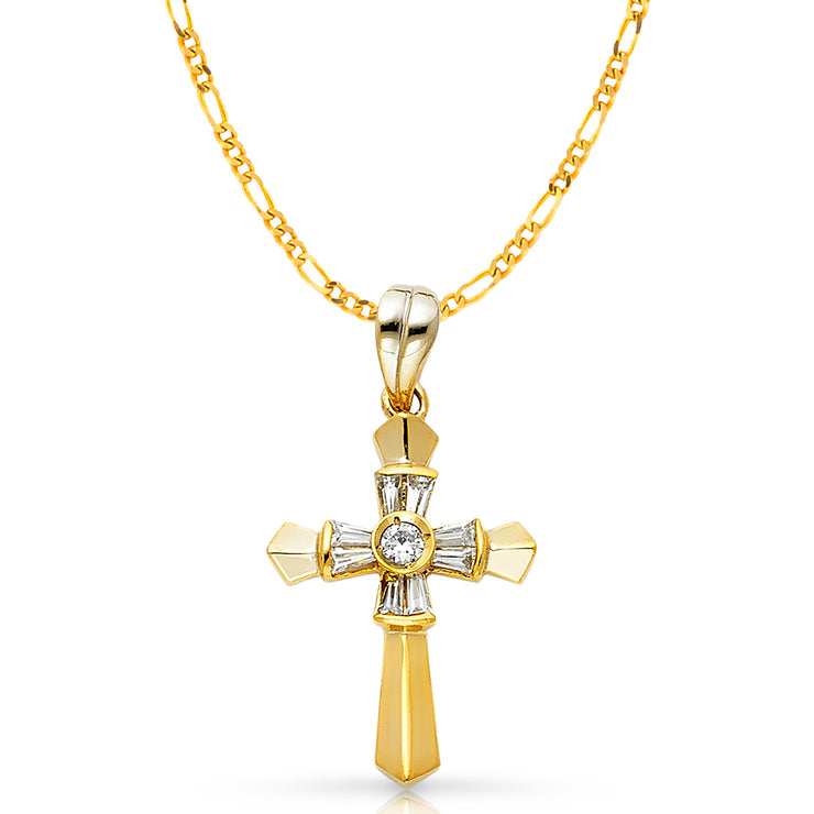 14K Gold CZ Cross Charm Pendant with 2.3mm Figaro 3+1 Chain Necklace