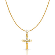 14K Gold CZ Cross Charm Pendant with 0.9mm Wheat Chain Necklace