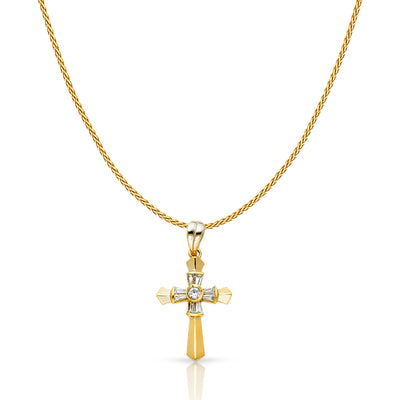 14K Gold CZ Cross Charm Pendant with 0.9mm Wheat Chain Necklace