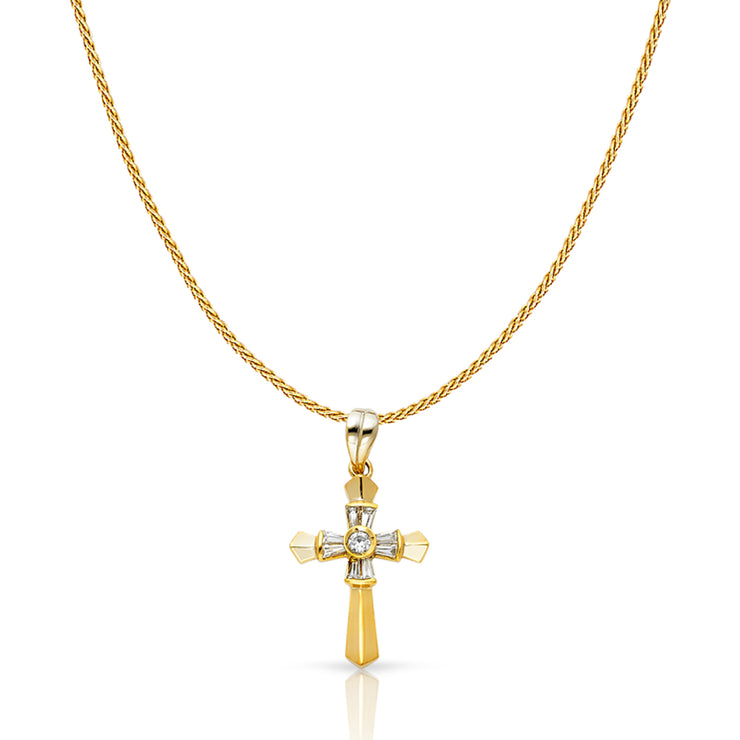 14K Gold CZ Cross Charm Pendant with 0.9mm Wheat Chain Necklace