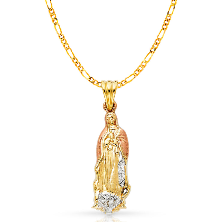 14K Gold CZ Guadalupe Pendant with 3.1mm Figaro 3+1 Chain