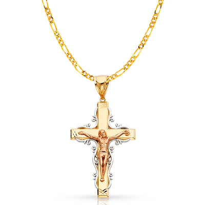 14K Gold Crucifix Pendant with 3.8mm Figaro 3+1 Chain