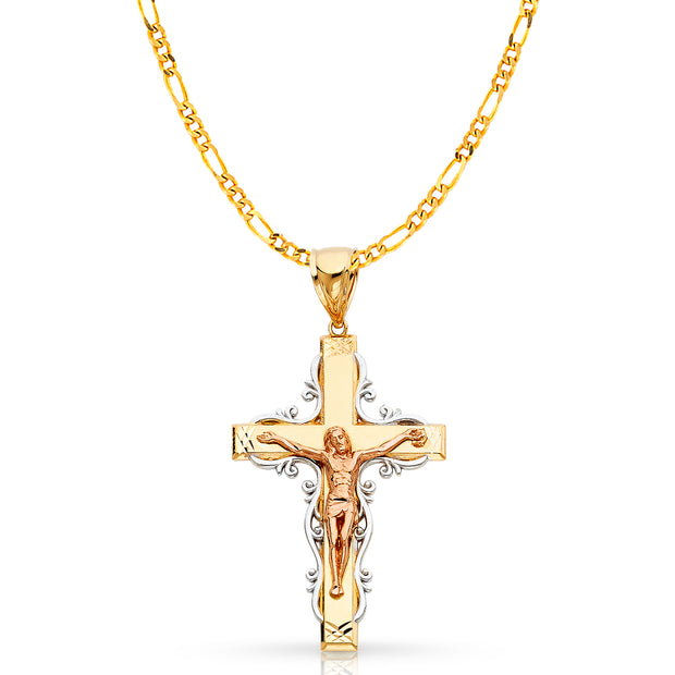 14K Gold Crucifix Pendant with 3.8mm Figaro 3+1 Chain