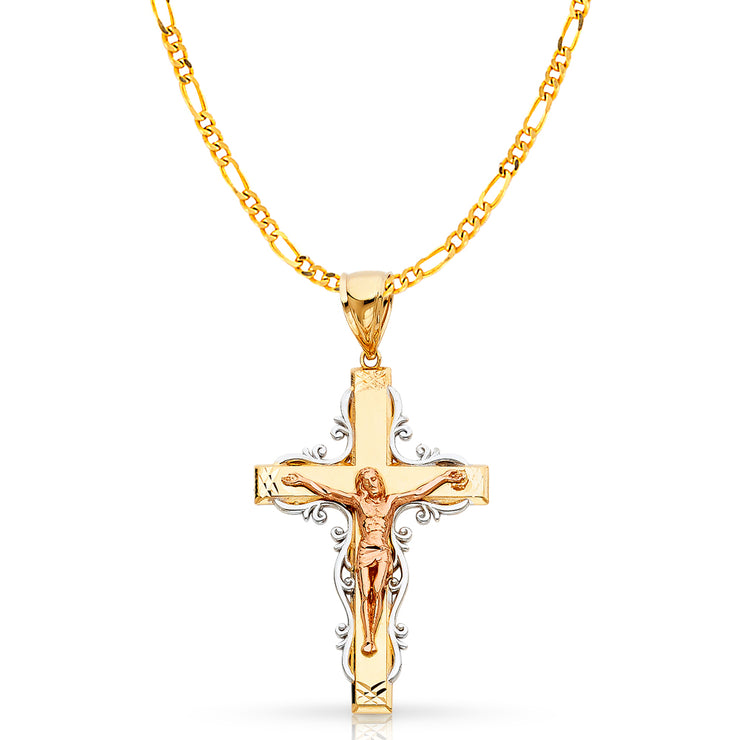 14K Gold Crucifix Pendant with 3.8mm Figaro 3+1 Chain