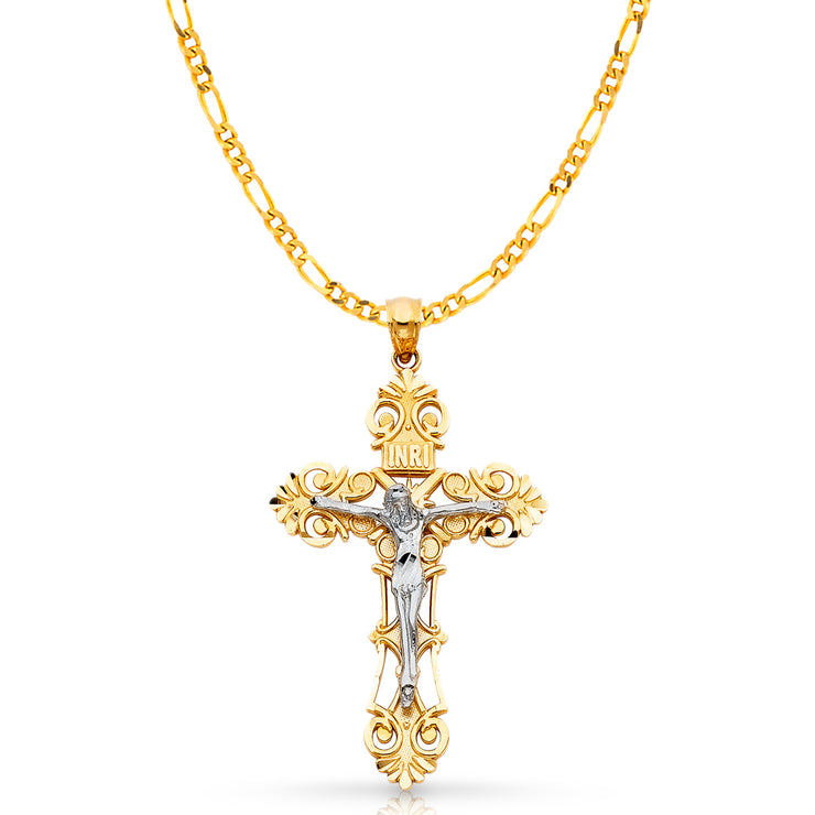 14K Gold Crucifix Charm Pendant with 3.8mm Figaro 3+1 Chain Necklace