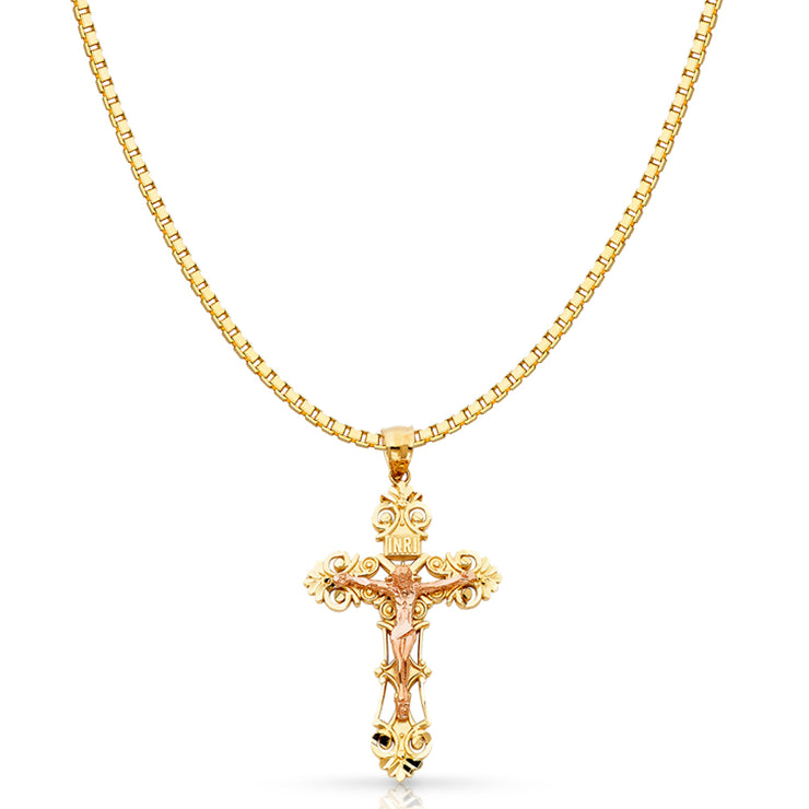 14K Gold Religious Crucifix Charm Pendant with 1.2mm Box Chain Necklace