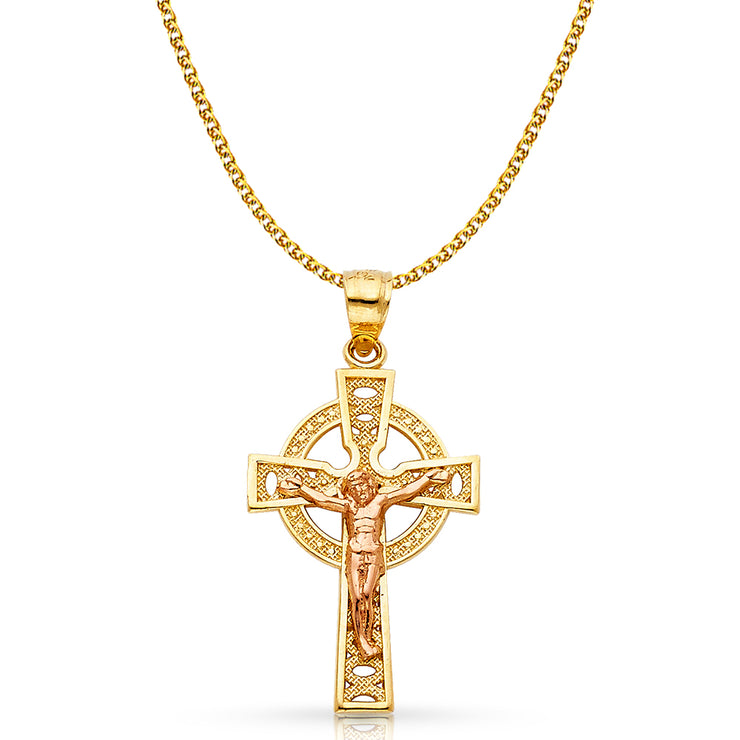 14K Gold Crucifix Charm Pendant with 1.7mm Flat Open Wheat Chain Necklace