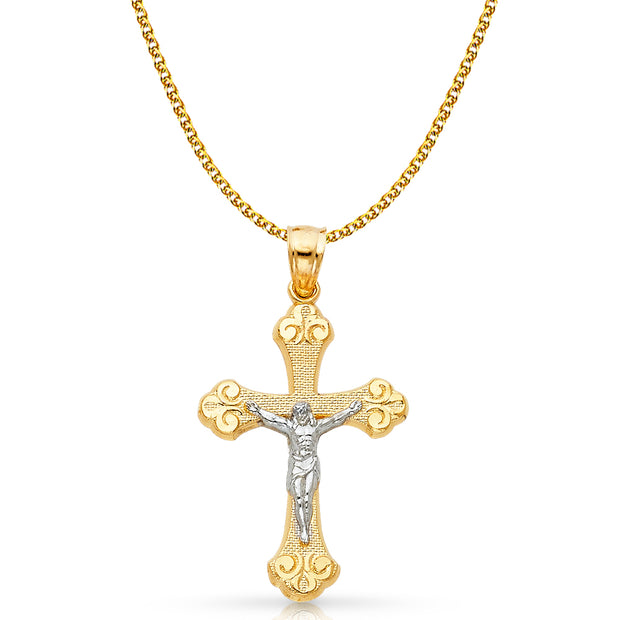 14K Gold Crucifix Charm Pendant with 1.7mm Flat Open Wheat Chain Necklace