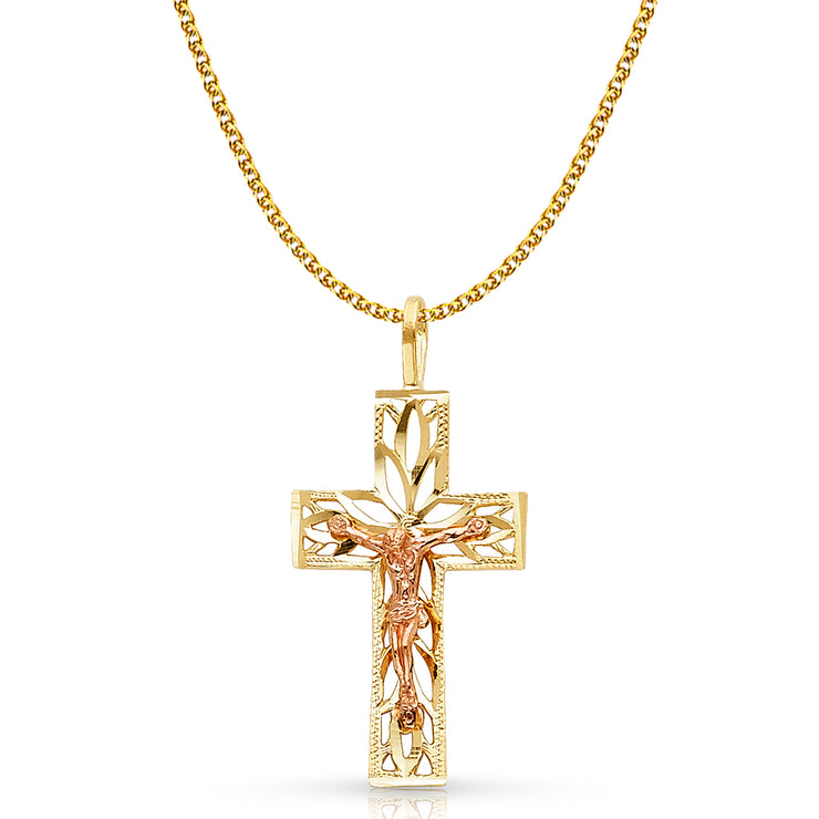 14K Gold Crucifix Charm Pendant with 1.7mm Flat Open Wheat Chain Necklace