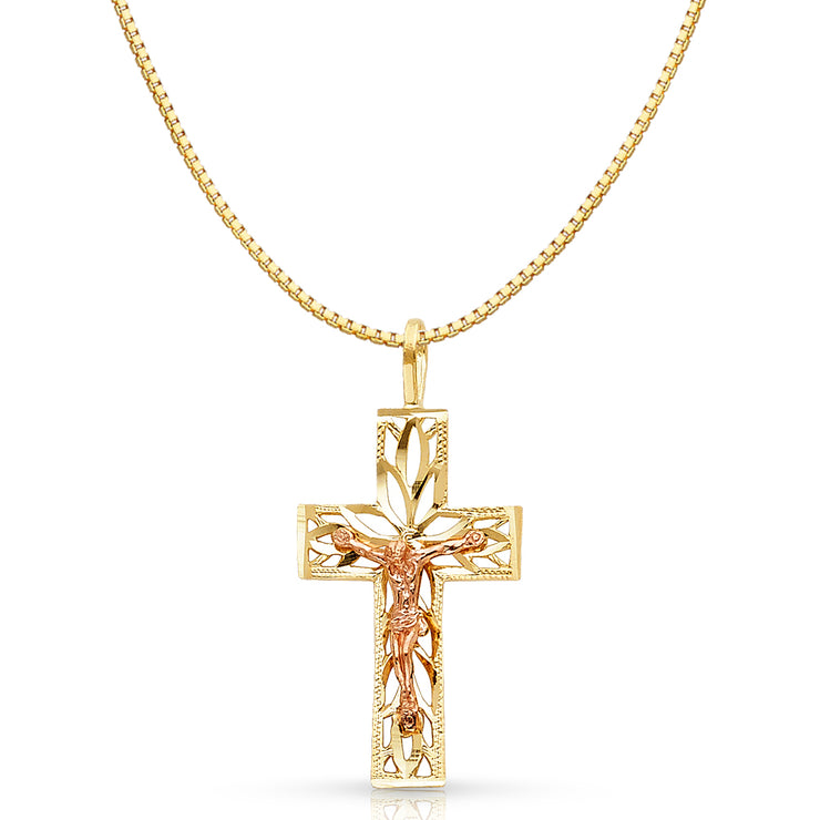 14K Gold Religious Crucifix Charm Pendant with 0.8mm Box Chain Necklace