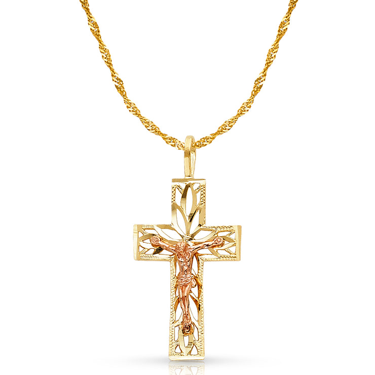 14K Gold Crucifix Charm Pendant with 1.8mm Singapore Chain Necklace