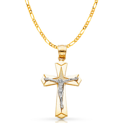 14K Gold Crucifix Charm Pendant with 2.3mm Figaro 3+1 Chain Necklace