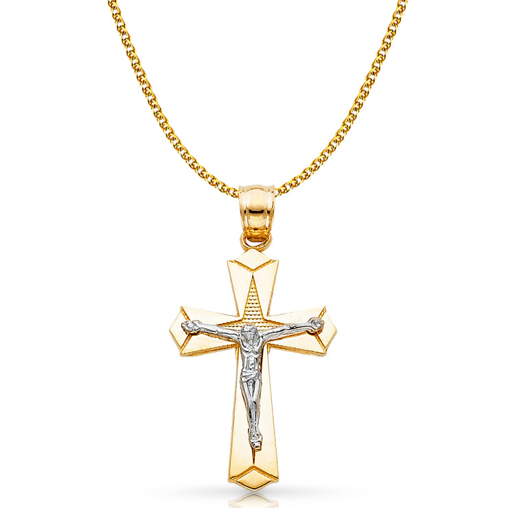 14K Gold Crucifix Charm Pendant with 1.7mm Flat Open Wheat Chain Necklace