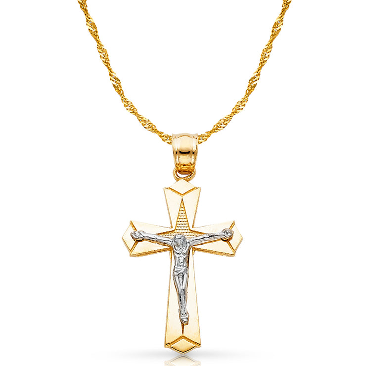 14K Gold Crucifix Charm Pendant with 1.8mm Singapore Chain Necklace