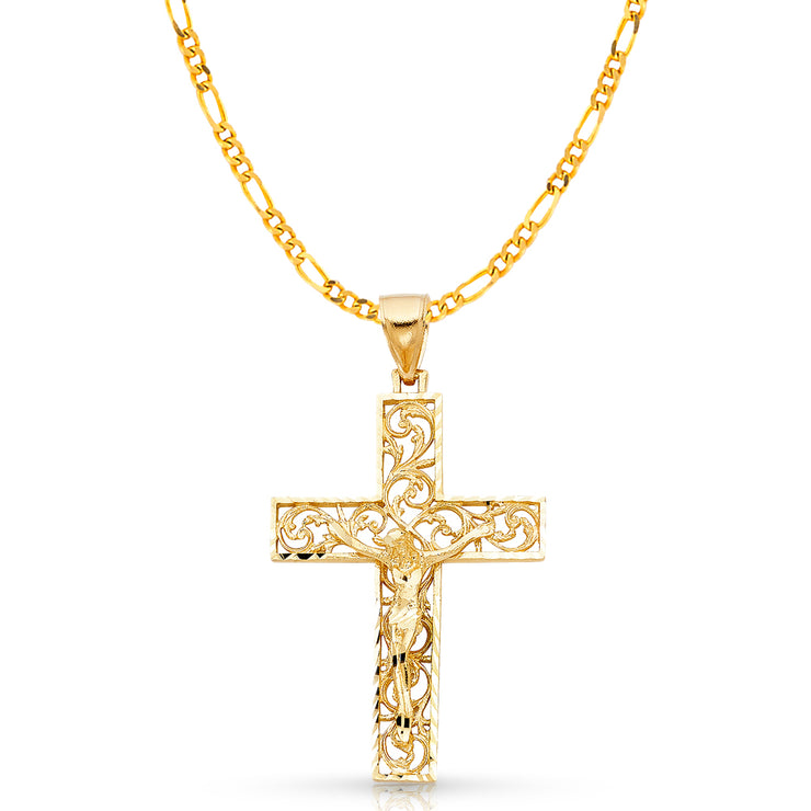 14K Gold Crucifix Charm Pendant with 3.8mm Figaro 3+1 Chain Necklace