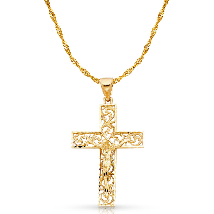 14K Gold Crucifix Charm Pendant with 1.8mm Singapore Chain Necklace