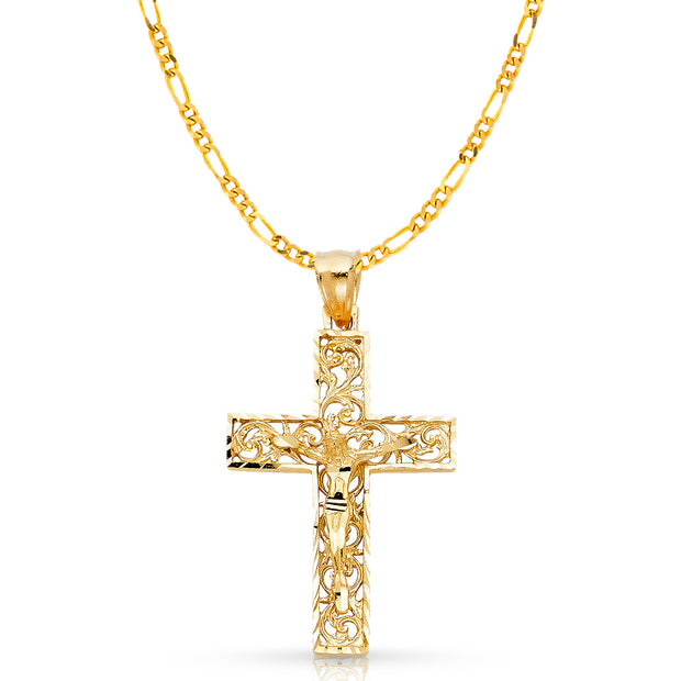 14K Gold Crucifix Charm Pendant with 3.1mm Figaro 3+1 Chain Necklace