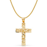 14K Gold Crucifix Charm Pendant with 2mm Flat Open Wheat Chain Necklace