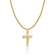 14K Gold Crucifix Charm Pendant with 1.4mm Round Wheat Chain Necklace