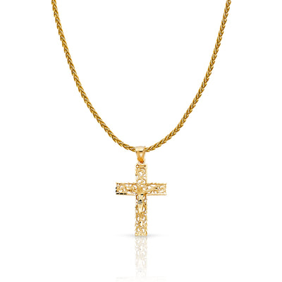 14K Gold Crucifix Charm Pendant with 1.4mm Round Wheat Chain Necklace