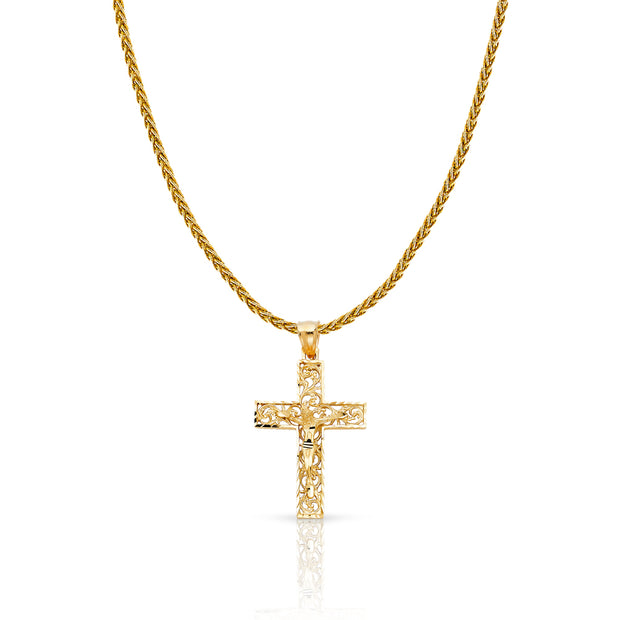 14K Gold Crucifix Charm Pendant with 1.4mm Round Wheat Chain Necklace