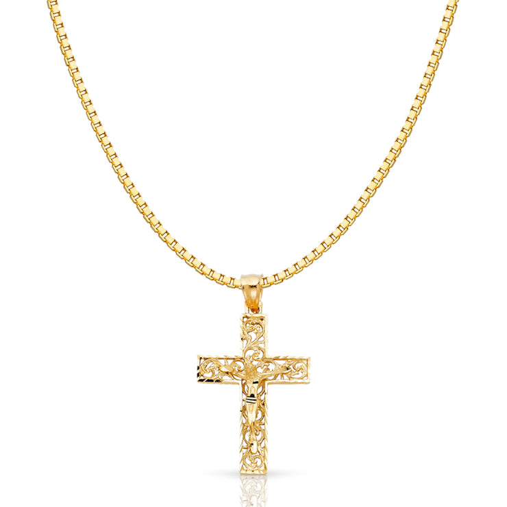 14K Gold Religious Crucifix Charm Pendant with 1.2mm Box Chain Necklace