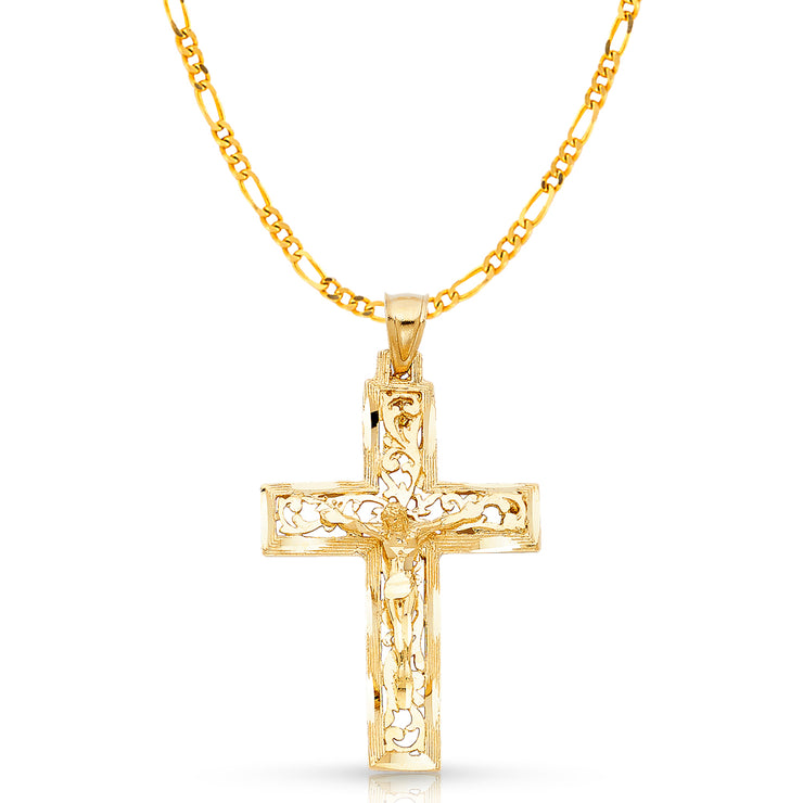 14K Gold Crucifix Charm Pendant with 3.1mm Figaro 3+1 Chain Necklace