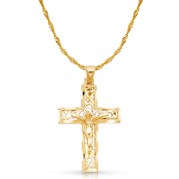 14K Gold Crucifix Charm Pendant with 1.8mm Singapore Chain Necklace