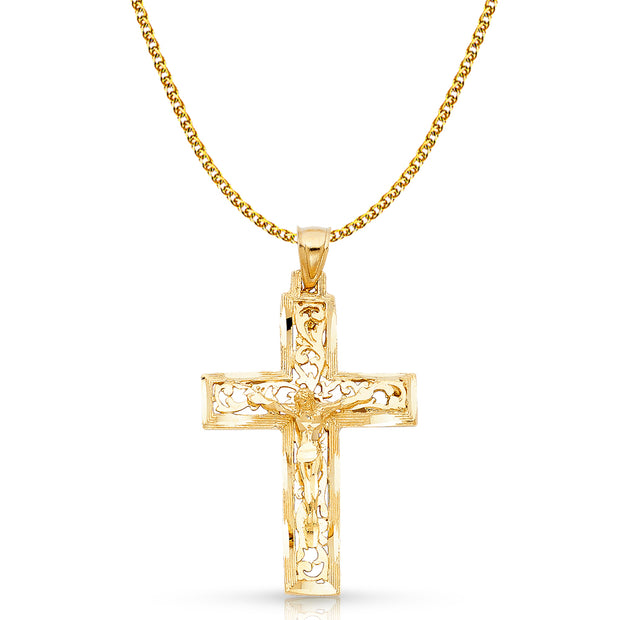 14K Gold Crucifix Charm Pendant with 2mm Flat Open Wheat Chain Necklace