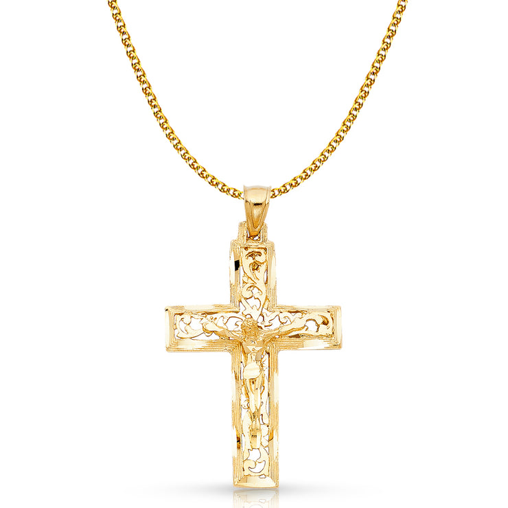 14K Gold Crucifix Charm Pendant with 2mm Flat Open Wheat Chain Necklace