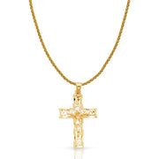 14K Gold Crucifix Charm Pendant with 1.4mm Round Wheat Chain Necklace