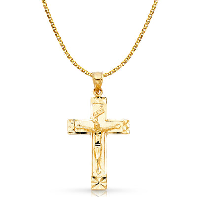 14K Gold Crucifix Charm Pendant with 2mm Flat Open Wheat Chain Necklace