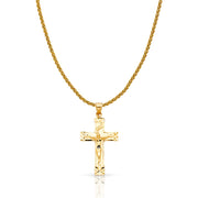 14K Gold Crucifix Charm Pendant with 1.4mm Round Wheat Chain Necklace