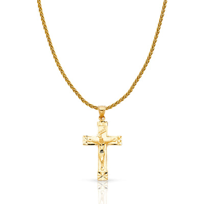 14K Gold Crucifix Charm Pendant with 1.4mm Round Wheat Chain Necklace