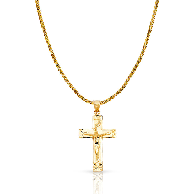 14K Gold Crucifix Charm Pendant with 1.4mm Round Wheat Chain Necklace