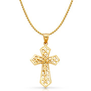 14K Gold Crucifix Charm Pendant with 2mm Flat Open Wheat Chain Necklace