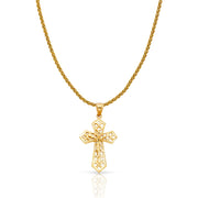 14K Gold Crucifix Charm Pendant with 1.4mm Round Wheat Chain Necklace