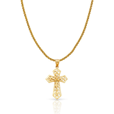 14K Gold Crucifix Charm Pendant with 1.4mm Round Wheat Chain Necklace