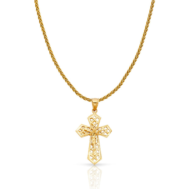 14K Gold Crucifix Charm Pendant with 1.4mm Round Wheat Chain Necklace