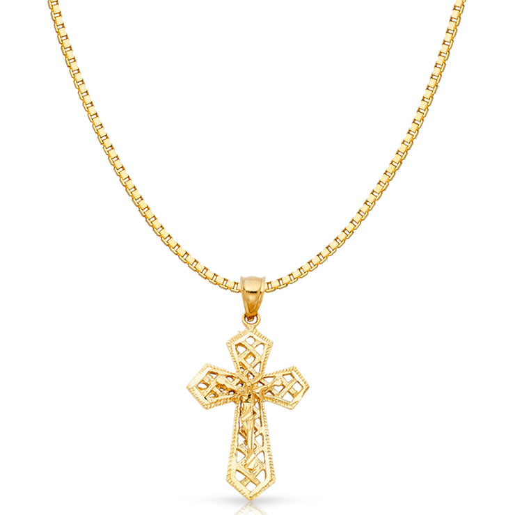 14K Gold Religious Crucifix Charm Pendant with 1.2mm Box Chain Necklace