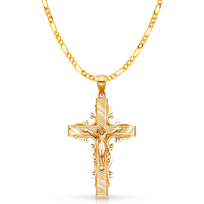 14K Gold Crucifix Charm Pendant with 3.1mm Figaro 3+1 Chain Necklace