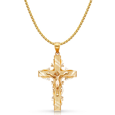 14K Gold Crucifix Charm Pendant with 1.7mm Flat Open Wheat Chain Necklace